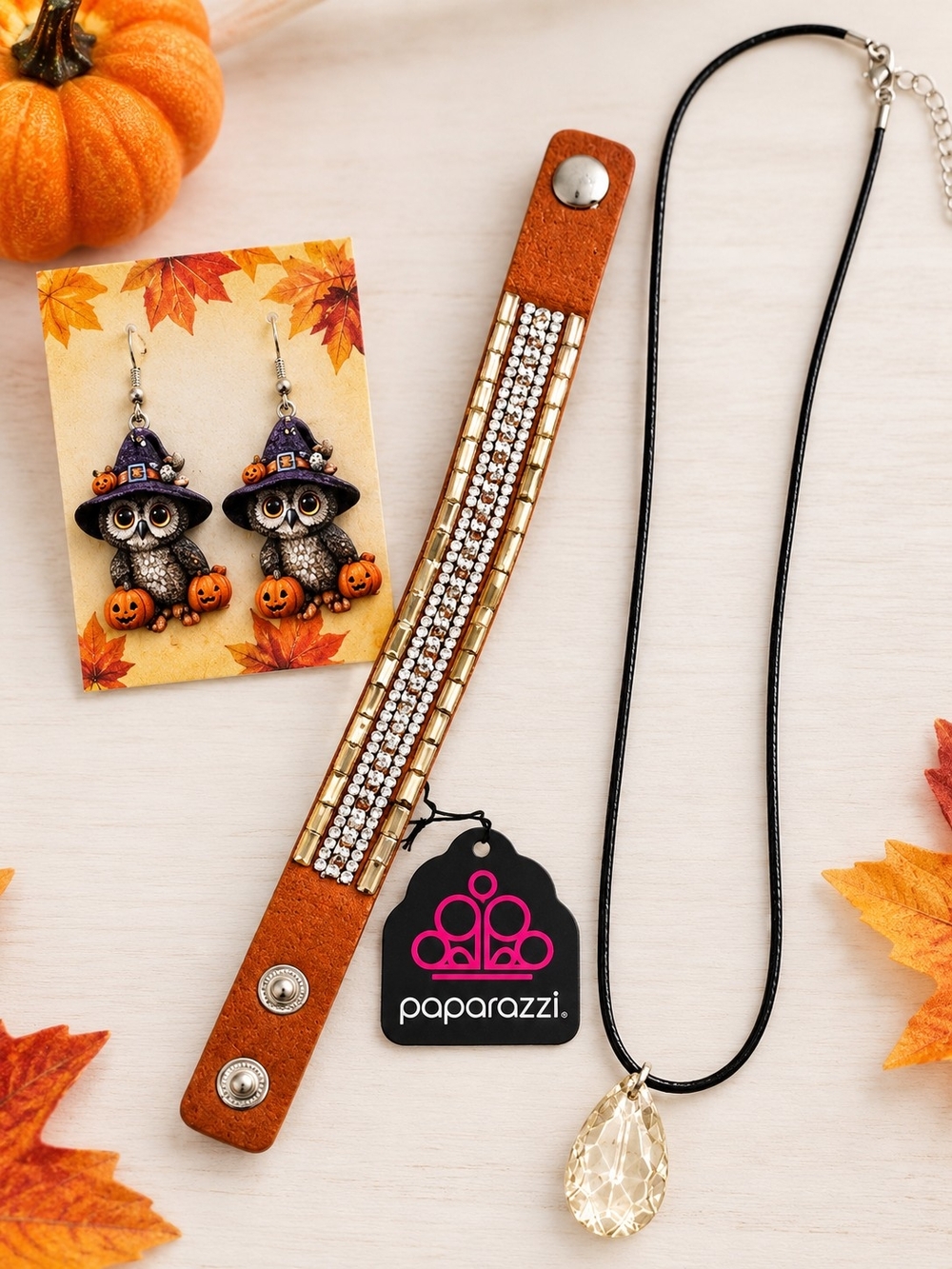 🎃 Paparazzi Orange & Rhinestone Bracelet, Owl Earrings & Necklace - Halloween